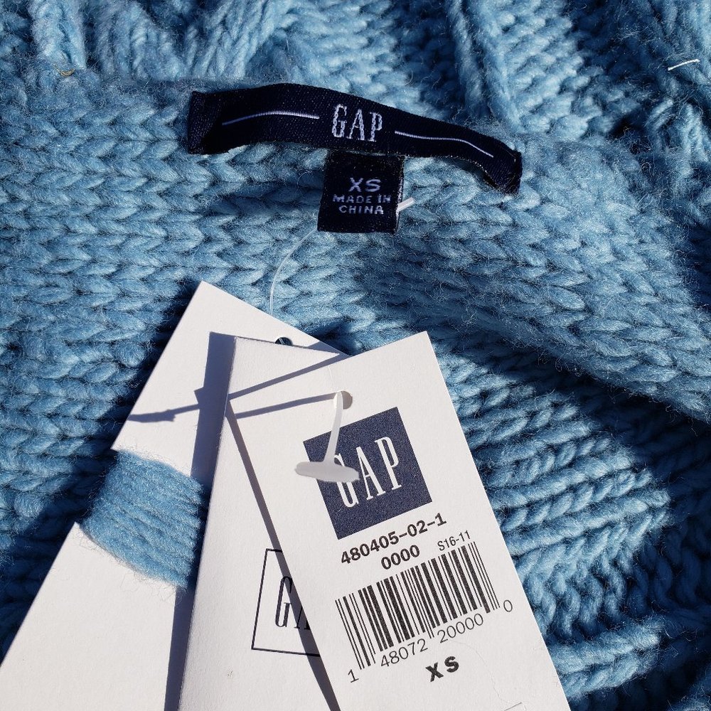 Sweater Wool Blend Celtic Cable Lt Blue GAP Sz XS - Picture 10 of 12